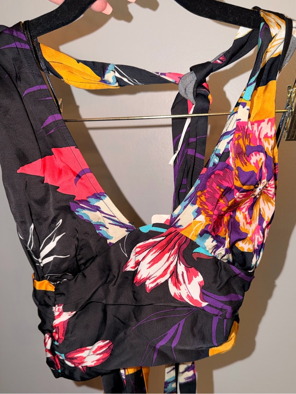 Free People Black Floral Tie-Front Crop Top with Multicolor Blooms